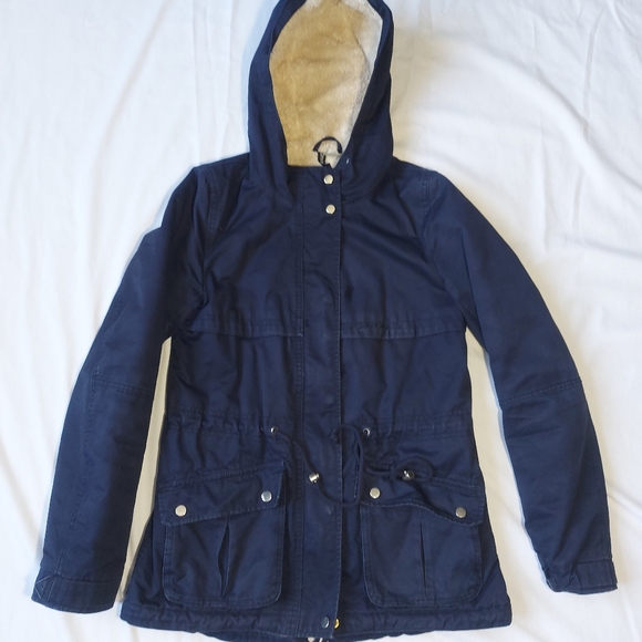 Divided H&M Faux Sherpa Lined Hooded Dark Blue Utility Jacket, 4 - Picture 1 of 13